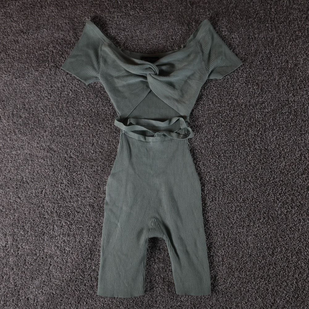 Almost Famous Women's M Sage Green Ribbed Cutout Romper Twist Front Biker Shorts
